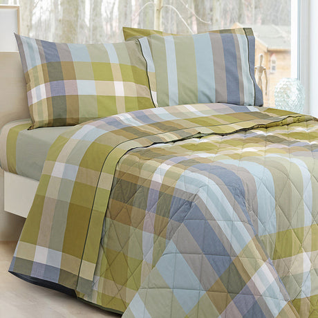 Completo lenzuola in percalle tinto in filo Daunex Derby colore verde - Home Loves