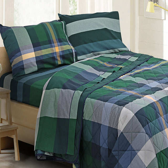 Completo lenzuola in percalle tinto in filo Daunex Aberdeen colore verde - Home Loves